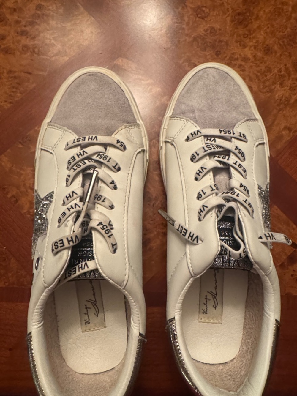 Vintage Havana White Sneakers with Gray Suede Toe and Silver Glitter Star